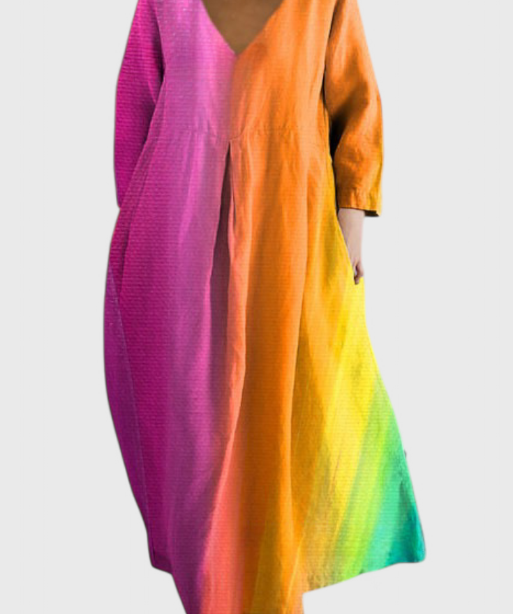 Άννα | Ροζ Φόρεμα με Βαθύ Ντεκολτέ και Πολύχρωμο Σχέδιο